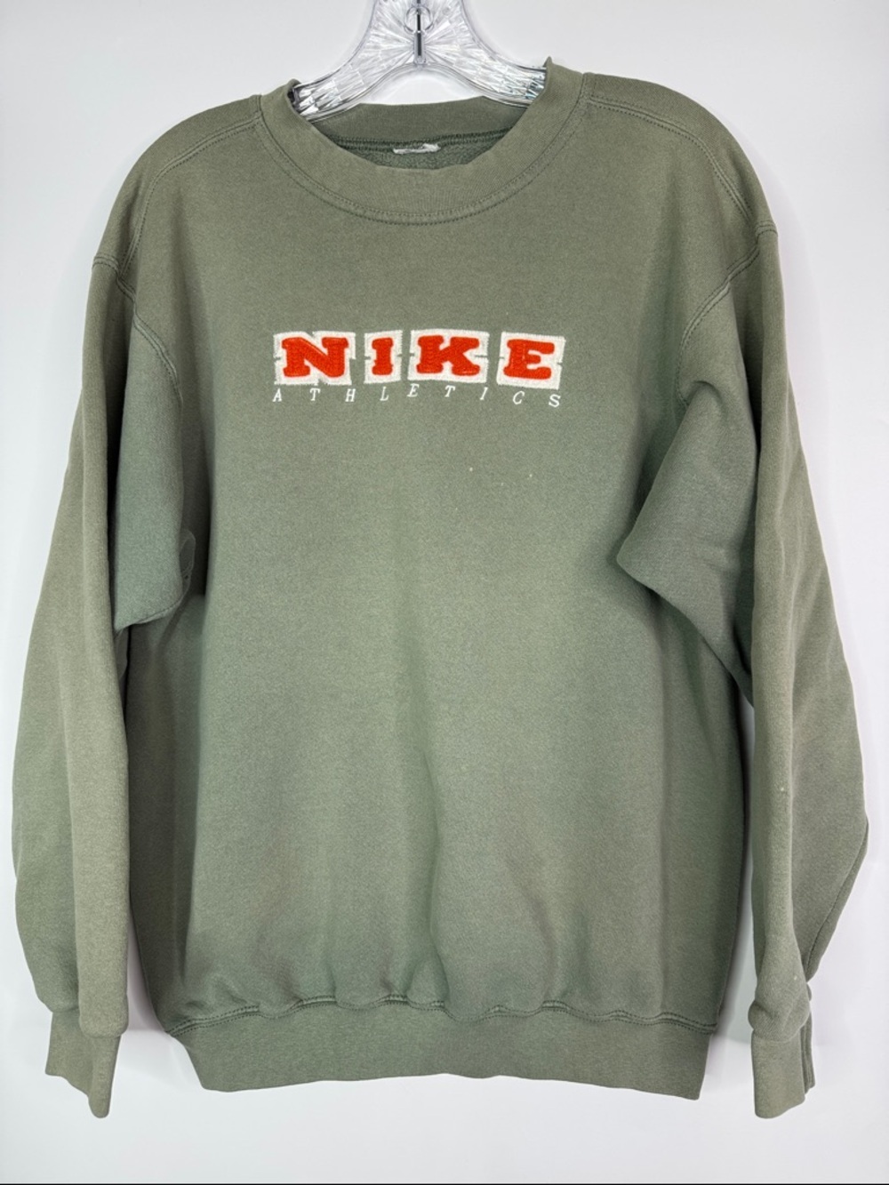 Vintage Nike Center Fuzzy Spellout Olive Green Crew Sweatshirt Size Medium
